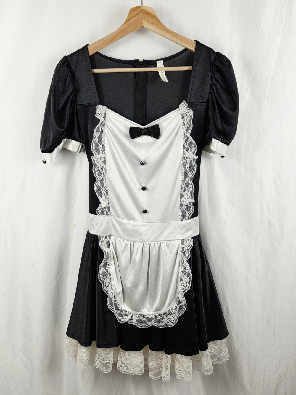 Black & White Lace Trim Puff Sleeve And Bow Front Maid Costume Dress Medium